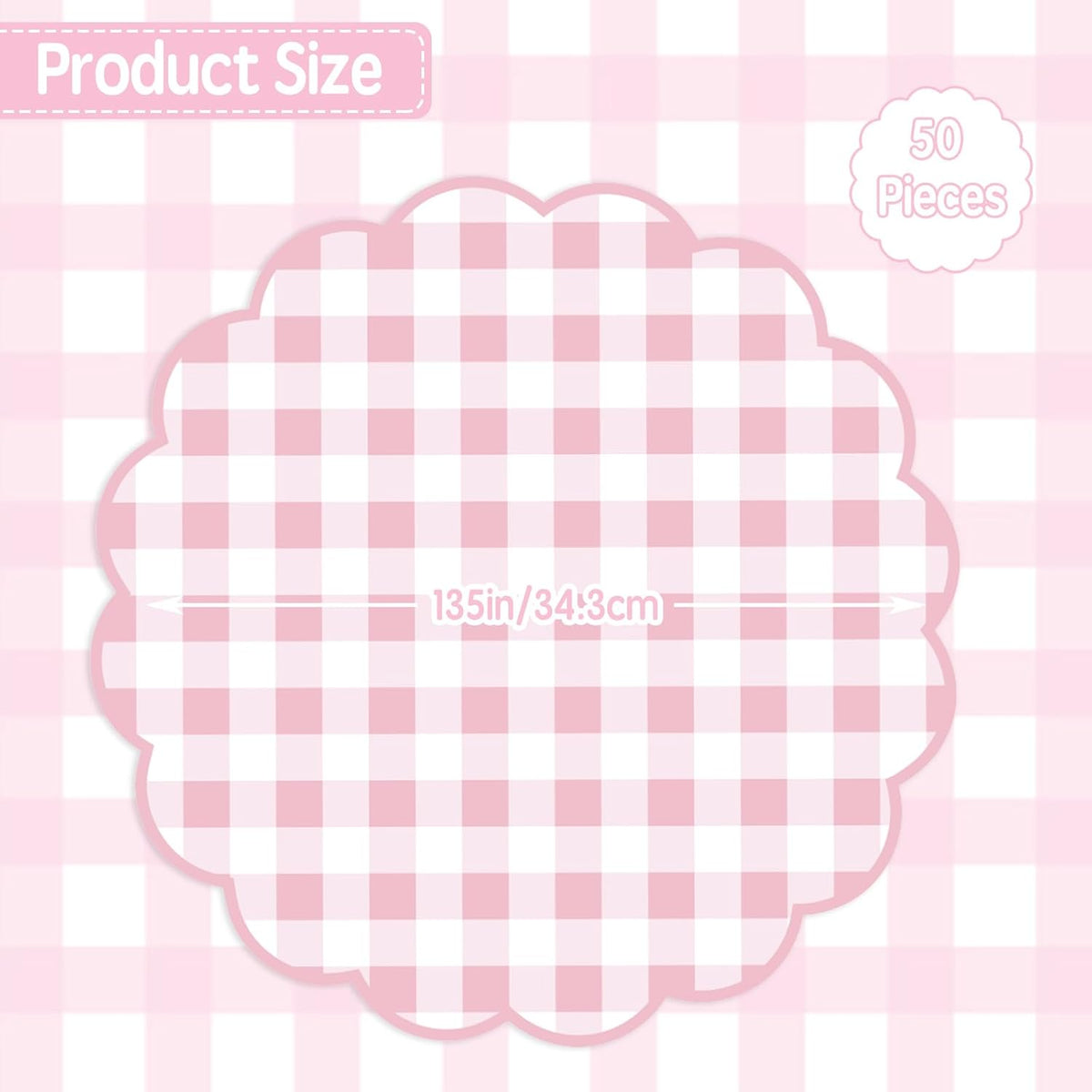 50Pcs Checkered Paper Placemats Pink Gingham Place Mats 13.5 Inch Scalloped Checkered Place Mats Disposable Table Placemats for Table Setting BBQ Baby Shower Wedding Bridal Banquet Tea Party