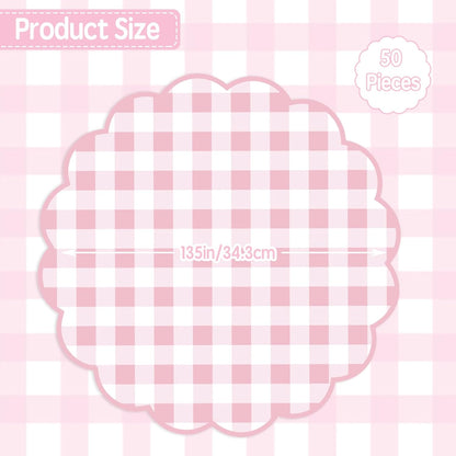 50Pcs Checkered Paper Placemats Pink Gingham Place Mats 13.5 Inch Scalloped Checkered Place Mats Disposable Table Placemats for Table Setting BBQ Baby Shower Wedding Bridal Banquet Tea Party