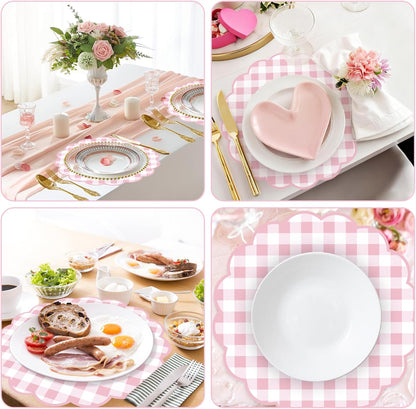 50Pcs Checkered Paper Placemats Pink Gingham Place Mats 13.5 Inch Scalloped Checkered Place Mats Disposable Table Placemats for Table Setting BBQ Baby Shower Wedding Bridal Banquet Tea Party