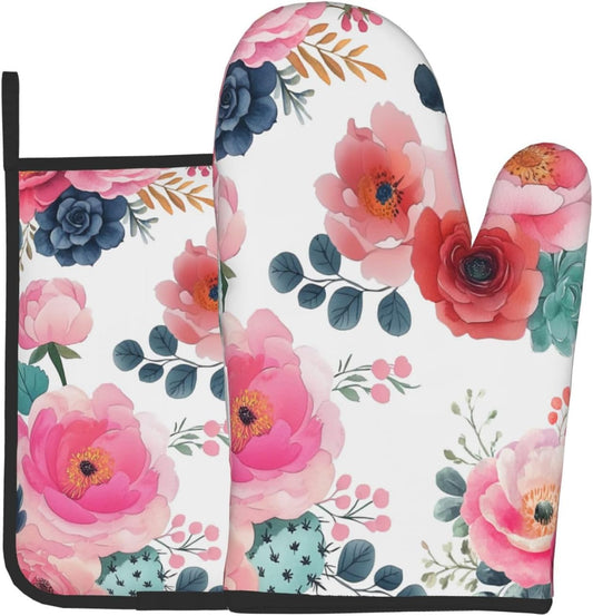 Watercolor Floral Oven Mitts and Pot Holders Sets Pink Botanical Prints Oven Mitts Heat Resistant Vintage Flowers Kitchen Gloves Hot Pads Two Piece Set for Cooking Baking Grilling BBQ