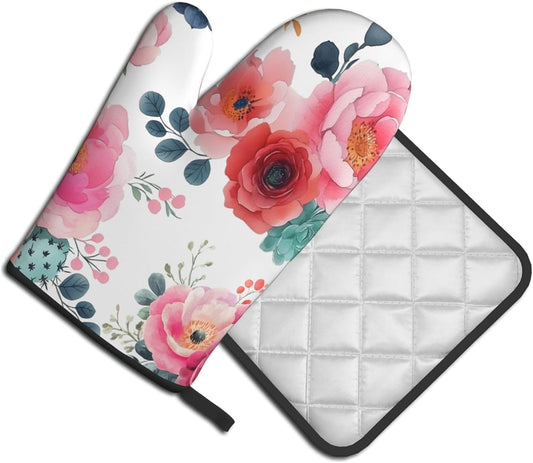 Watercolor Floral Oven Mitts and Pot Holders Sets Pink Botanical Prints Oven Mitts Heat Resistant Vintage Flowers Kitchen Gloves Hot Pads Two Piece Set for Cooking Baking Grilling BBQ