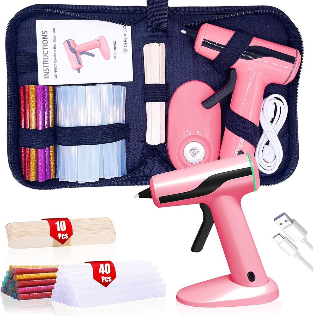 Cordless Hot Glue Gun Kit, USB-C Rechargeable Mini Pink Glue Gun