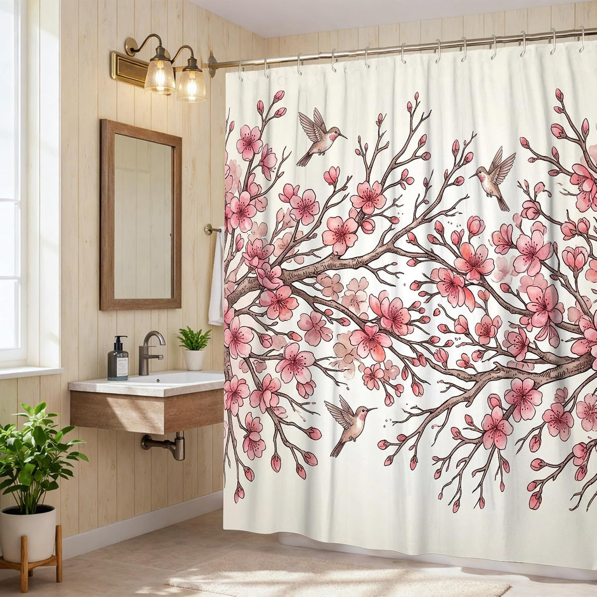 Cherries Blossom Shower Curtain, Spring Natural Bird Branch Spring Peach Polyester Waterproof Decorative Bathroom Curtain for Bathroom Toile Guest Room Decor 72x84 Inch