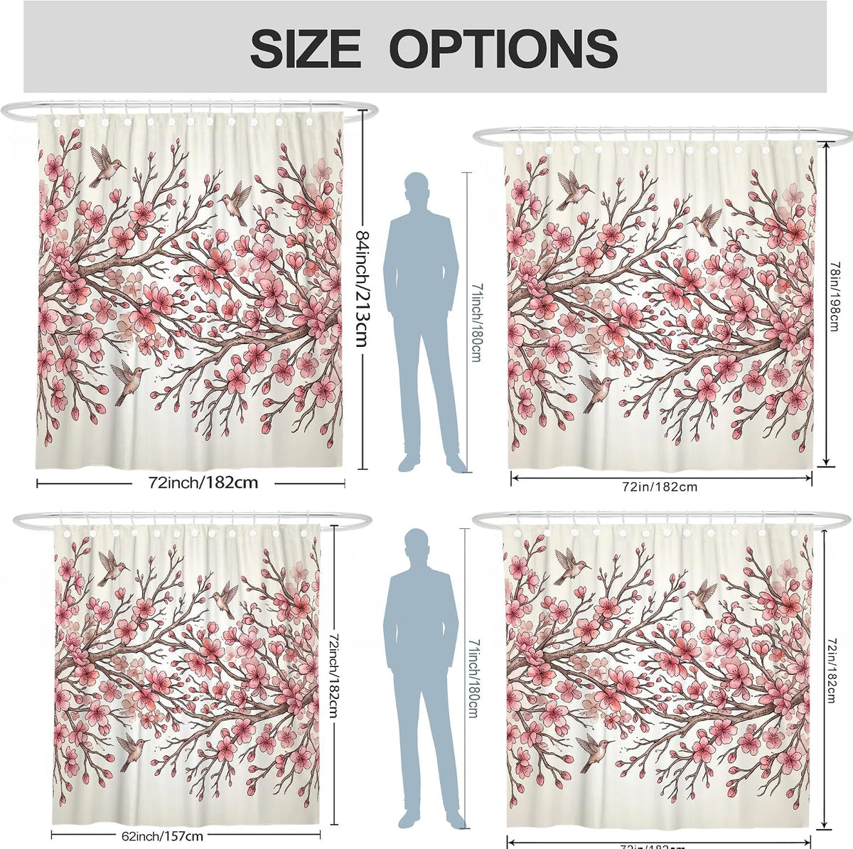 Cherries Blossom Shower Curtain, Spring Natural Bird Branch Spring Peach Polyester Waterproof Decorative Bathroom Curtain for Bathroom Toile Guest Room Decor 72x84 Inch