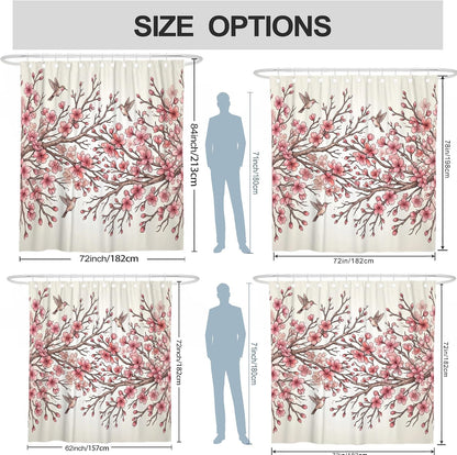 Cherries Blossom Shower Curtain, Spring Natural Bird Branch Spring Peach Polyester Waterproof Decorative Bathroom Curtain for Bathroom Toile Guest Room Decor 72x84 Inch