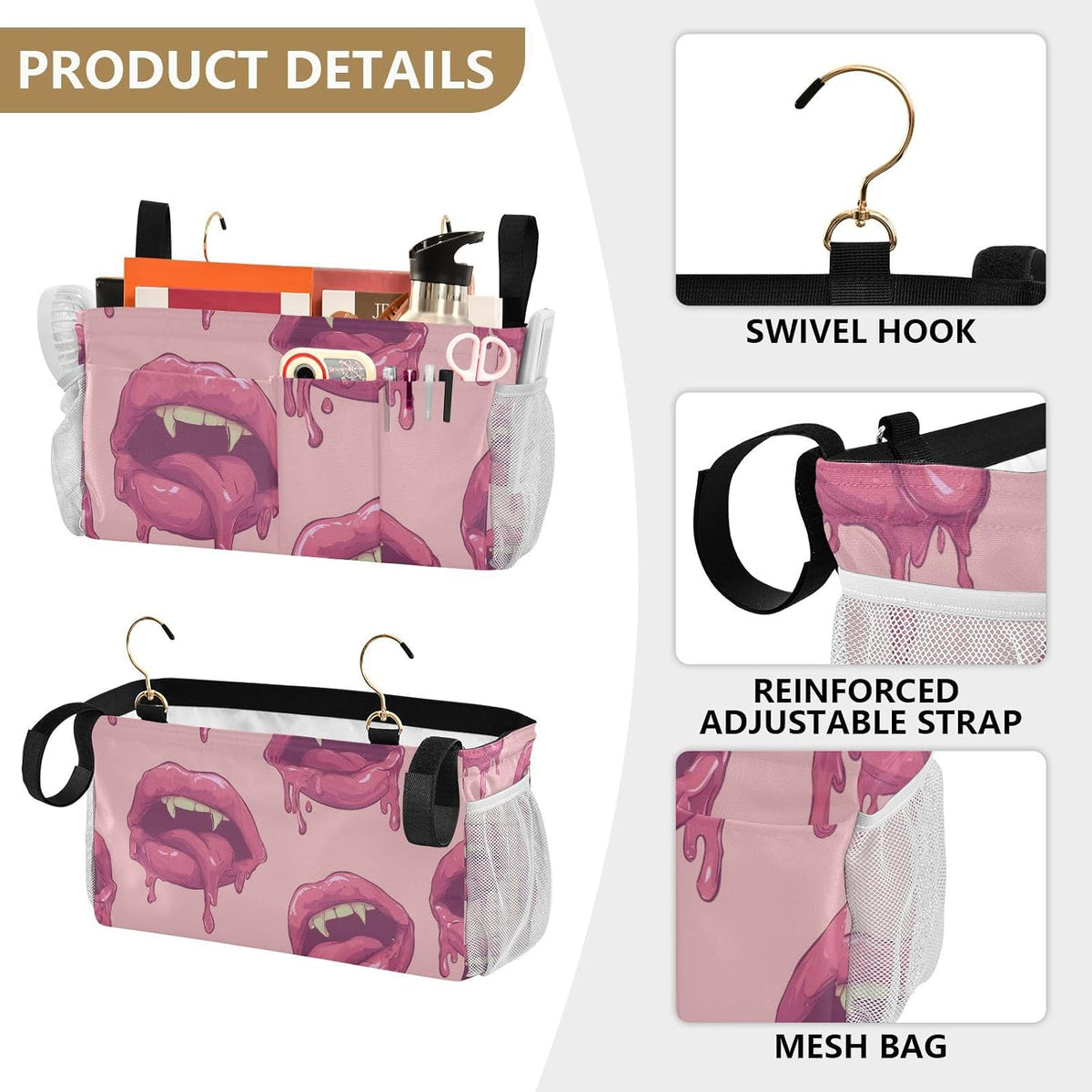 Bright Pink Lips Mouths Bedside Caddy Bedside Organizer Bedside Storage Caddy College Dorm Bed Accessories