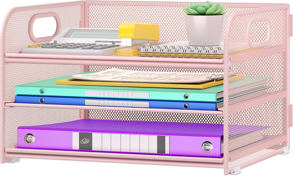 3&6 Paper Organizer with Handle, Metal Desk Organizer Mesh Paper Letter Tray File Folder Document Sorter for Classroom, School, Office Storage (1, Pink, 3-Tier (12.6" x 9.1" x 7.5"))