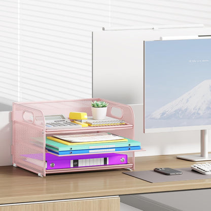 3&6 Paper Organizer with Handle, Metal Desk Organizer Mesh Paper Letter Tray File Folder Document Sorter for Classroom, School, Office Storage (1, Pink, 3-Tier (12.6" x 9.1" x 7.5"))