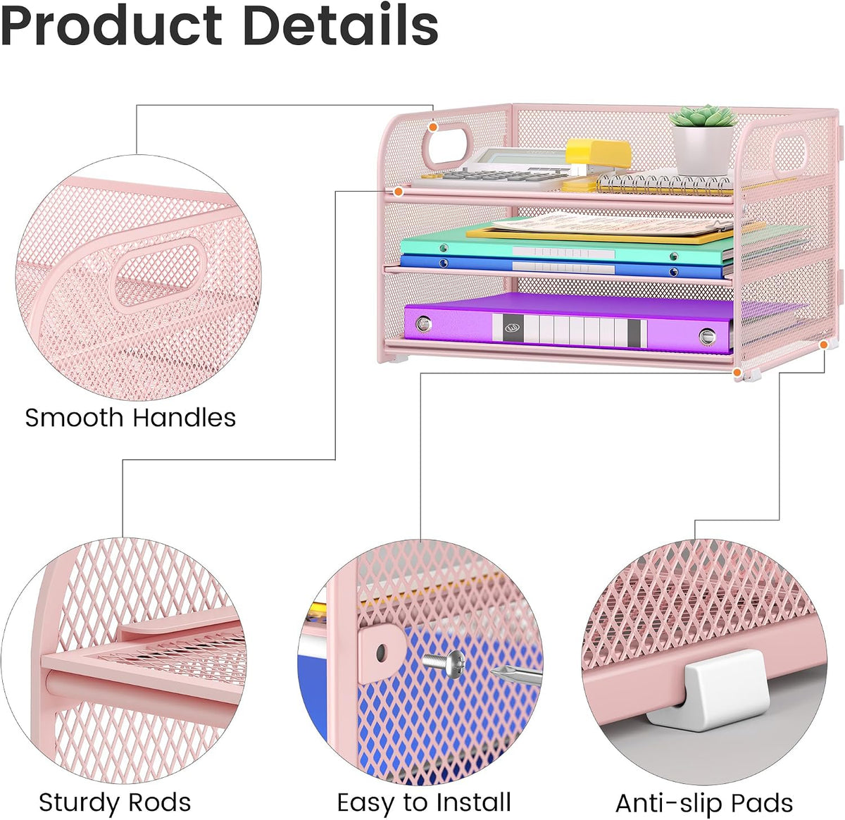 3&6 Paper Organizer with Handle, Metal Desk Organizer Mesh Paper Letter Tray File Folder Document Sorter for Classroom, School, Office Storage (1, Pink, 3-Tier (12.6" x 9.1" x 7.5"))