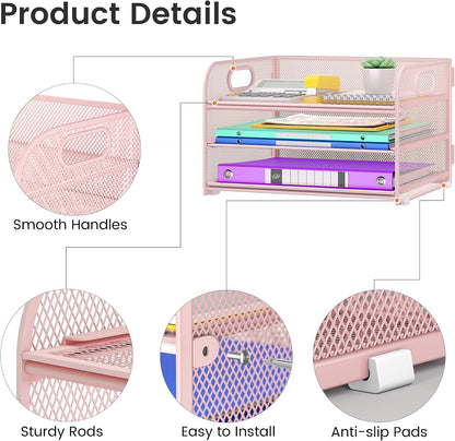 3&6 Paper Organizer with Handle, Metal Desk Organizer Mesh Paper Letter Tray File Folder Document Sorter for Classroom, School, Office Storage (1, Pink, 3-Tier (12.6" x 9.1" x 7.5"))