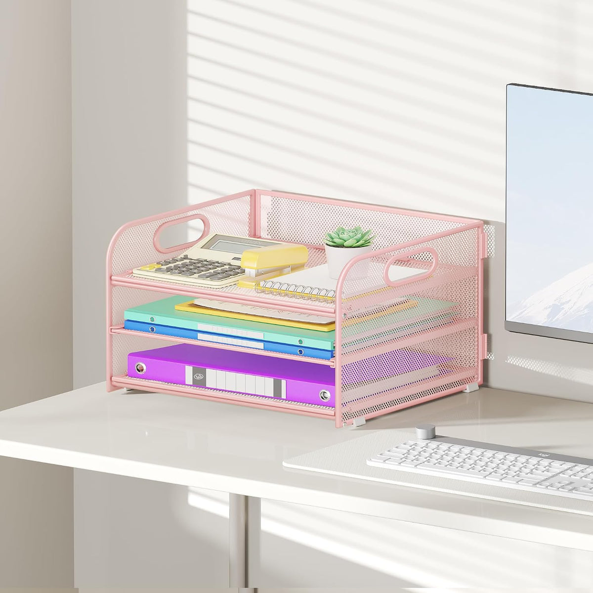 3&6 Paper Organizer with Handle, Metal Desk Organizer Mesh Paper Letter Tray File Folder Document Sorter for Classroom, School, Office Storage (1, Pink, 3-Tier (12.6" x 9.1" x 7.5"))