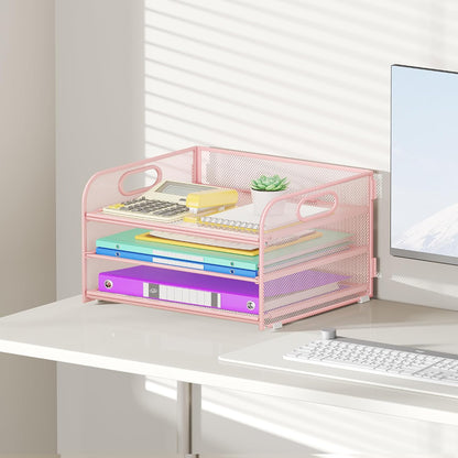 3&6 Paper Organizer with Handle, Metal Desk Organizer Mesh Paper Letter Tray File Folder Document Sorter for Classroom, School, Office Storage (1, Pink, 3-Tier (12.6" x 9.1" x 7.5"))