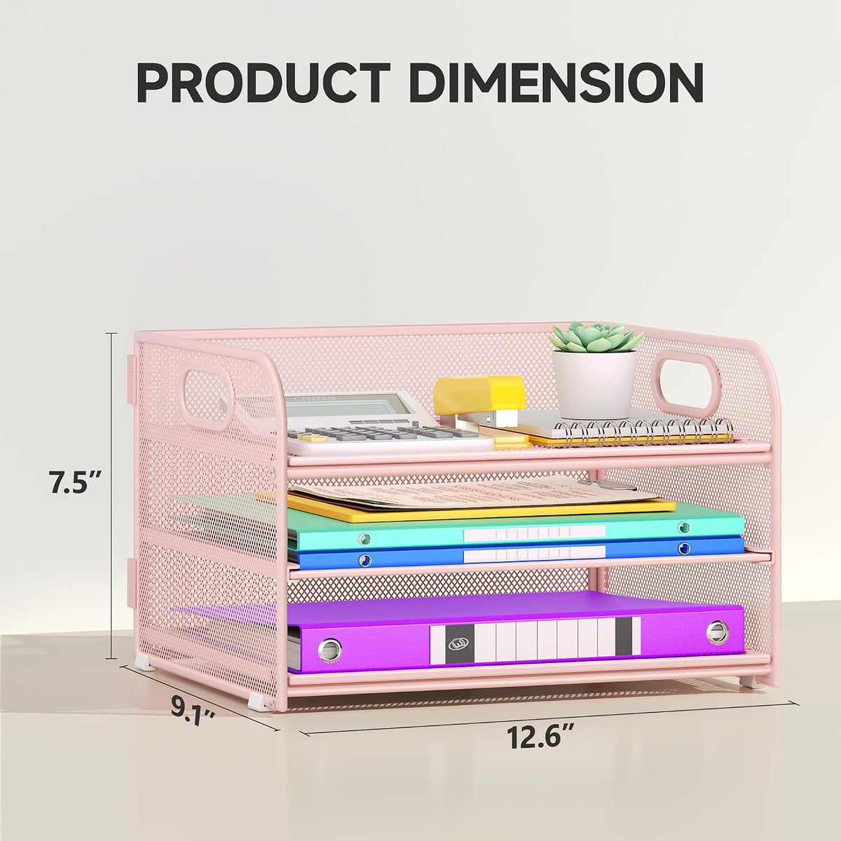 3&6 Paper Organizer with Handle, Metal Desk Organizer Mesh Paper Letter Tray File Folder Document Sorter for Classroom, School, Office Storage (1, Pink, 3-Tier (12.6" x 9.1" x 7.5"))