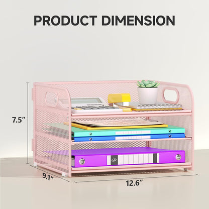 3&6 Paper Organizer with Handle, Metal Desk Organizer Mesh Paper Letter Tray File Folder Document Sorter for Classroom, School, Office Storage (1, Pink, 3-Tier (12.6" x 9.1" x 7.5"))