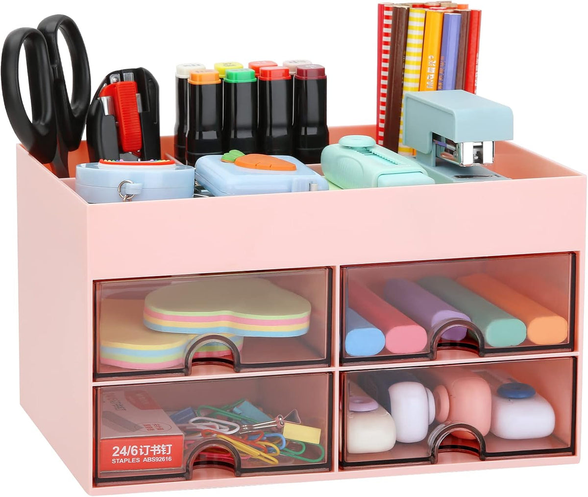 Office Desktop Organizer with Drawer, Desk Top Accessories Stationary Organizer Desk Caddy, Pen/Pencil/Business Card/Sticky Note Tray/Paperclip Holder Storage Box (Pink)
