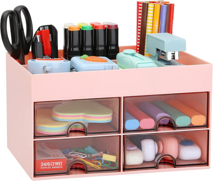 Office Desktop Organizer with Drawer, Desk Top Accessories Stationary Organizer Desk Caddy, Pen/Pencil/Business Card/Sticky Note Tray/Paperclip Holder Storage Box (Pink)