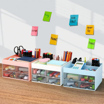 Office Desktop Organizer with Drawer, Desk Top Accessories Stationary Organizer Desk Caddy, Pen/Pencil/Business Card/Sticky Note Tray/Paperclip Holder Storage Box (Pink)