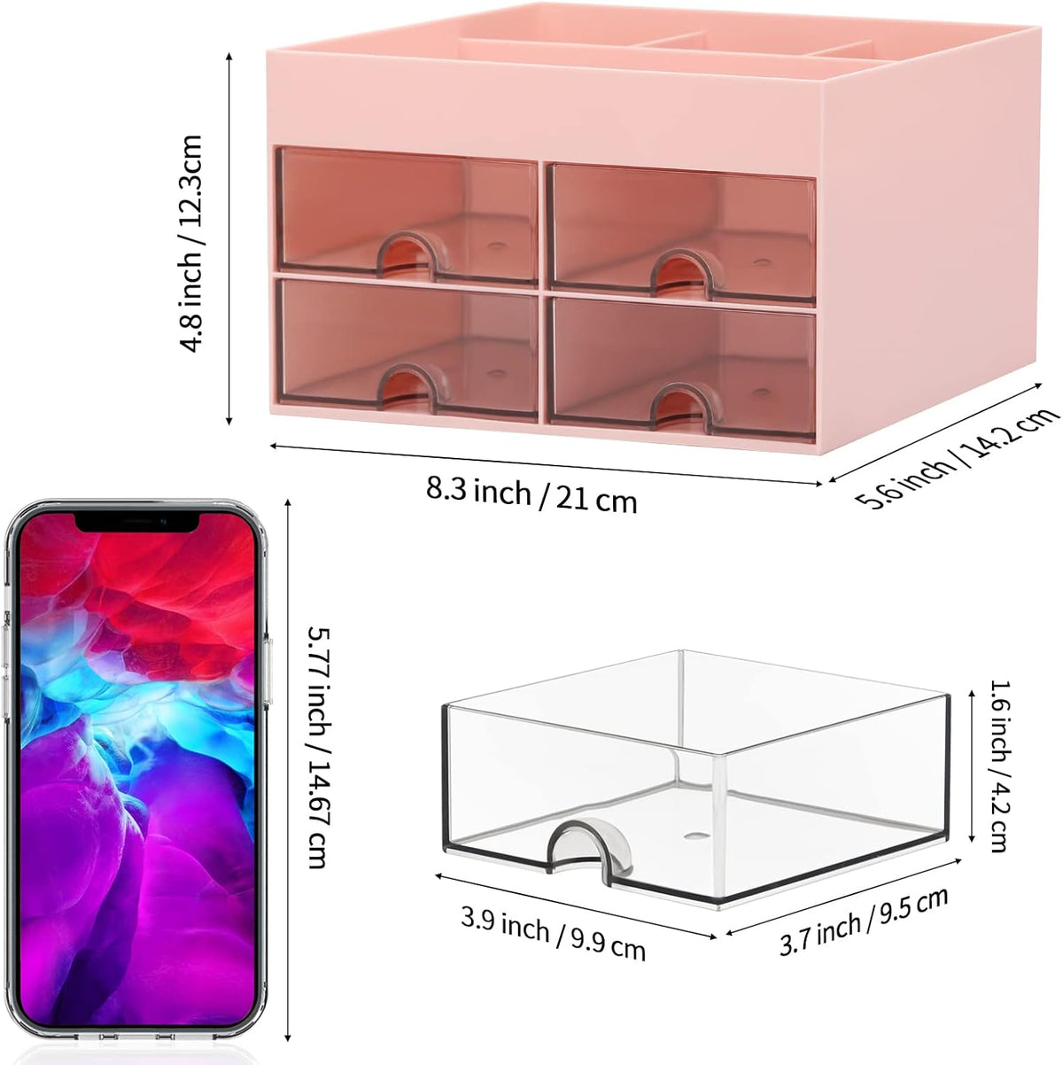 Office Desktop Organizer with Drawer, Desk Top Accessories Stationary Organizer Desk Caddy, Pen/Pencil/Business Card/Sticky Note Tray/Paperclip Holder Storage Box (Pink)