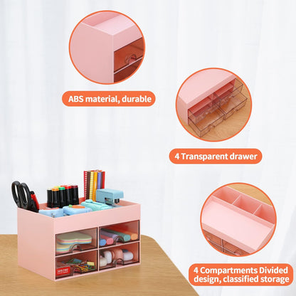 Office Desktop Organizer with Drawer, Desk Top Accessories Stationary Organizer Desk Caddy, Pen/Pencil/Business Card/Sticky Note Tray/Paperclip Holder Storage Box (Pink)