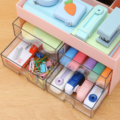 Office Desktop Organizer with Drawer, Desk Top Accessories Stationary Organizer Desk Caddy, Pen/Pencil/Business Card/Sticky Note Tray/Paperclip Holder Storage Box (Pink)