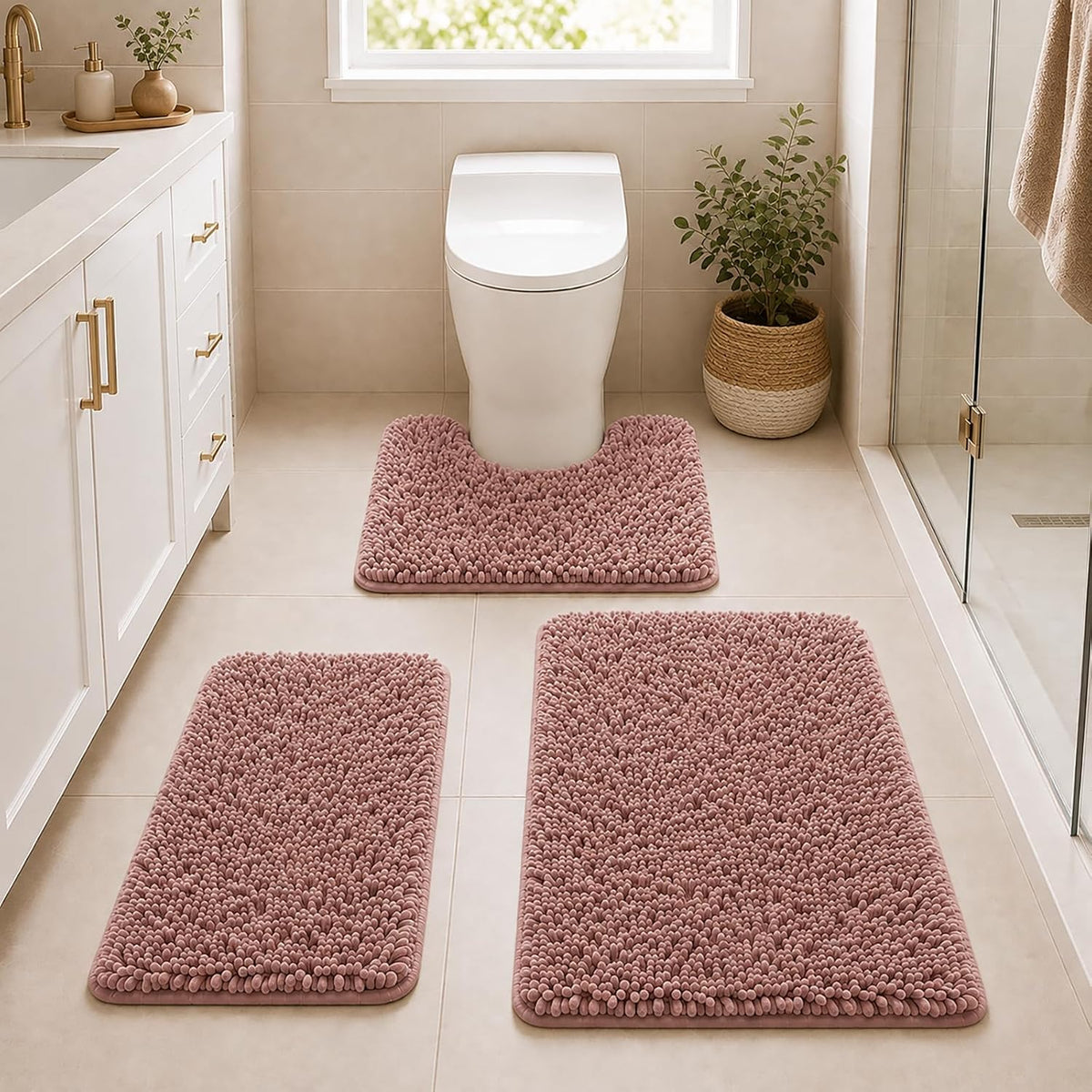 Chenille Bathroom Rugs Set 3 Piece Bath Mats for Bathoom Non-Slip Luxury Bathroom Rug Extra Soft and Absorbent Shaggy Rugs Washable Dry Plush Area Carpet