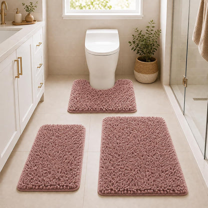 Chenille Bathroom Rugs Set 3 Piece Bath Mats for Bathoom Non-Slip Luxury Bathroom Rug Extra Soft and Absorbent Shaggy Rugs Washable Dry Plush Area Carpet