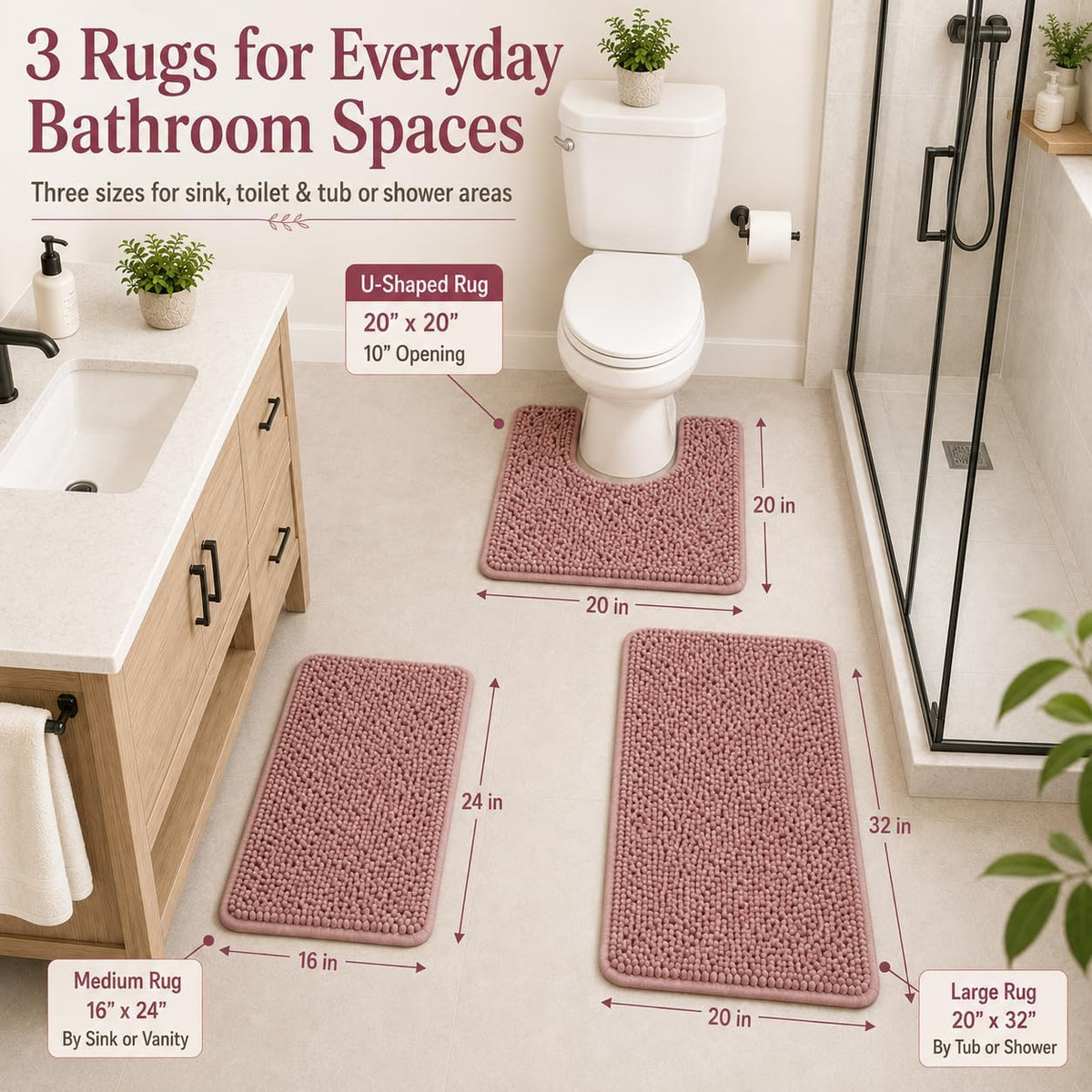 Chenille Bathroom Rugs Set 3 Piece Bath Mats for Bathoom Non-Slip Luxury Bathroom Rug Extra Soft and Absorbent Shaggy Rugs Washable Dry Plush Area Carpet