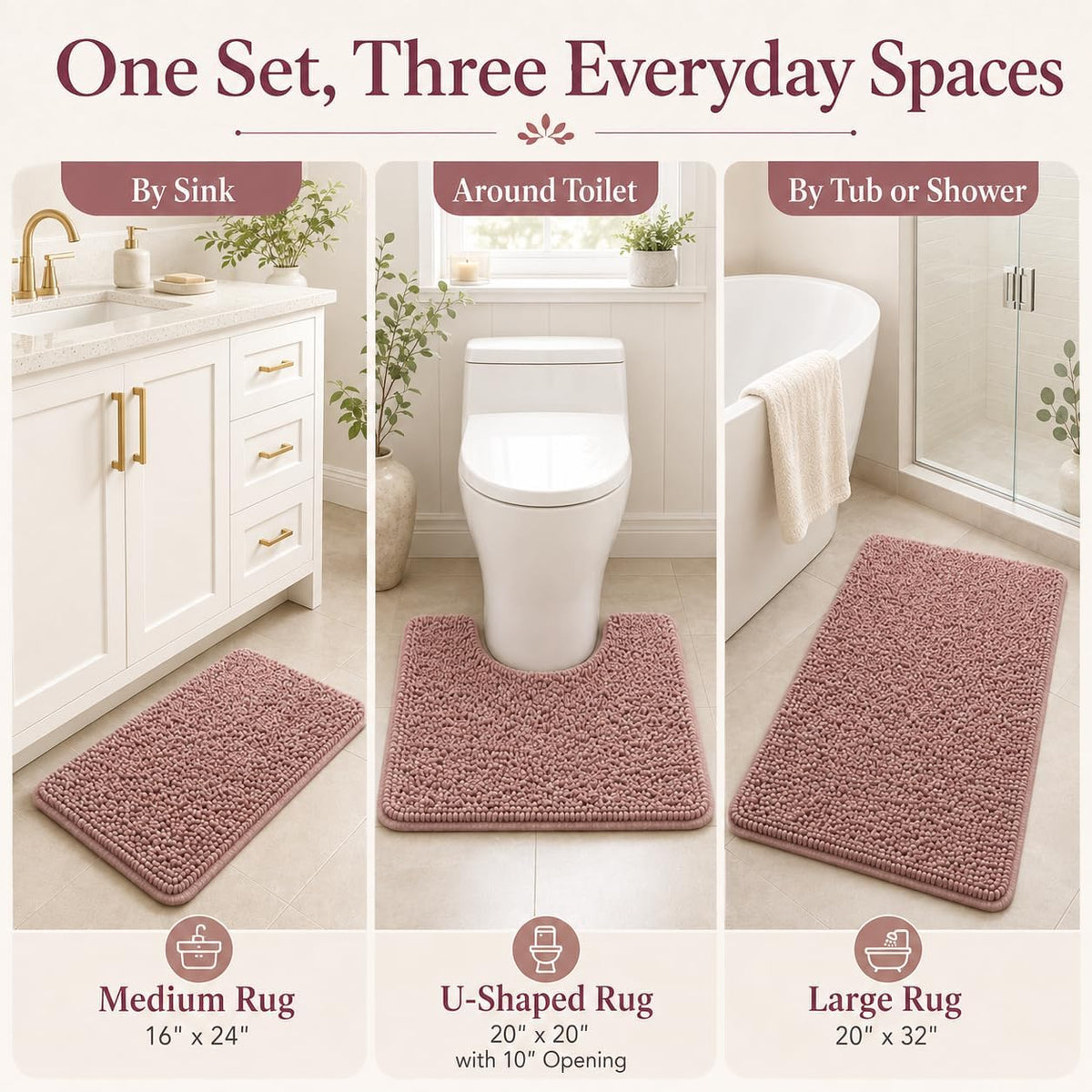 Chenille Bathroom Rugs Set 3 Piece Bath Mats for Bathoom Non-Slip Luxury Bathroom Rug Extra Soft and Absorbent Shaggy Rugs Washable Dry Plush Area Carpet