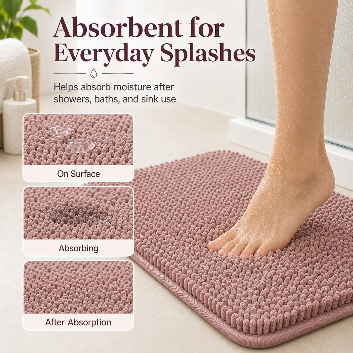 Chenille Bathroom Rugs Set 3 Piece Bath Mats for Bathoom Non-Slip Luxury Bathroom Rug Extra Soft and Absorbent Shaggy Rugs Washable Dry Plush Area Carpet