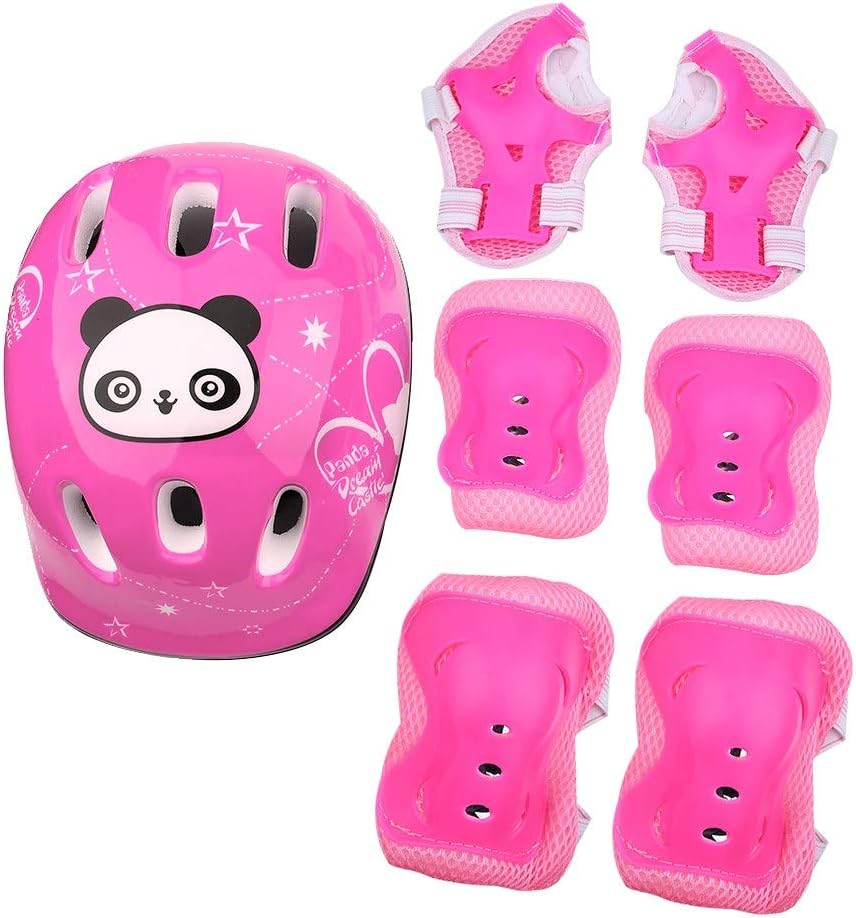 Knee Pad and Elbow Pad Set, 7pcs Safeguard Pads Youth Protective Gear Sports Equipment for Skating Skateboard Scooter Bike Roller, Pink