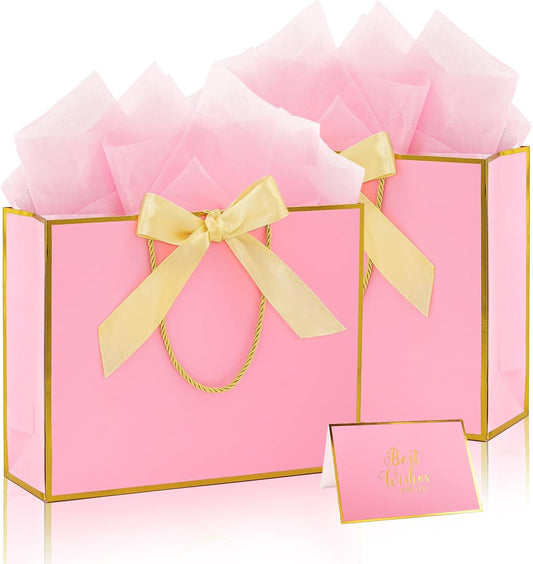 2 Pack Large Gift Bags with Handles & Tissue Papers, 12.6×10×4 Inches Thank You Gift Bags with Cards for Mother’s Day, Birthday, Baby Shower, Wedding & Bridesmaids (Pink Gift Bag, 2 PCS)