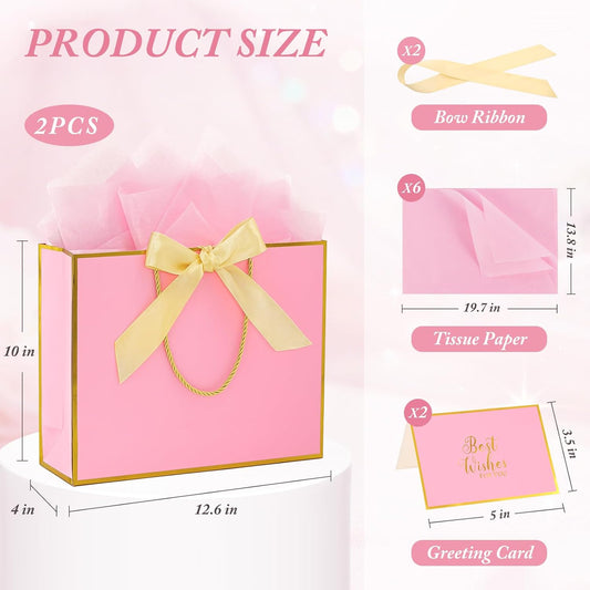 2 Pack Large Gift Bags with Handles & Tissue Papers, 12.6×10×4 Inches Thank You Gift Bags with Cards for Mother’s Day, Birthday, Baby Shower, Wedding & Bridesmaids (Pink Gift Bag, 2 PCS)