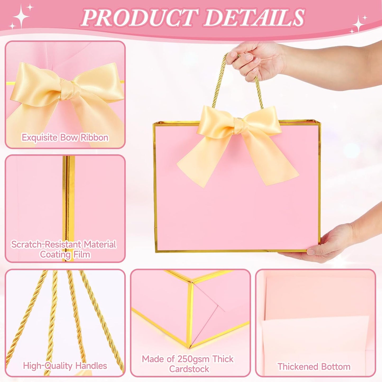 2 Pack Large Gift Bags with Handles & Tissue Papers, 12.6×10×4 Inches Thank You Gift Bags with Cards for Mother’s Day, Birthday, Baby Shower, Wedding & Bridesmaids (Pink Gift Bag, 2 PCS)