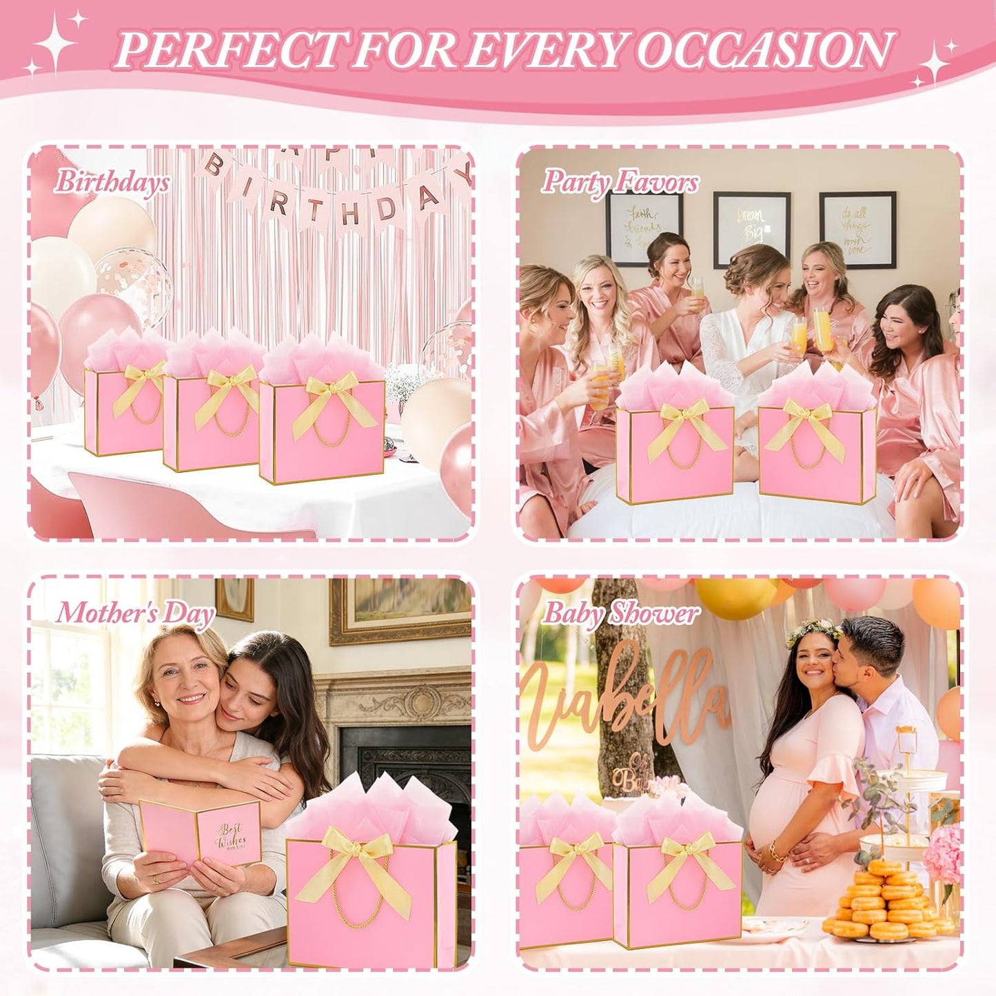 2 Pack Large Gift Bags with Handles & Tissue Papers, 12.6×10×4 Inches Thank You Gift Bags with Cards for Mother’s Day, Birthday, Baby Shower, Wedding & Bridesmaids (Pink Gift Bag, 2 PCS)