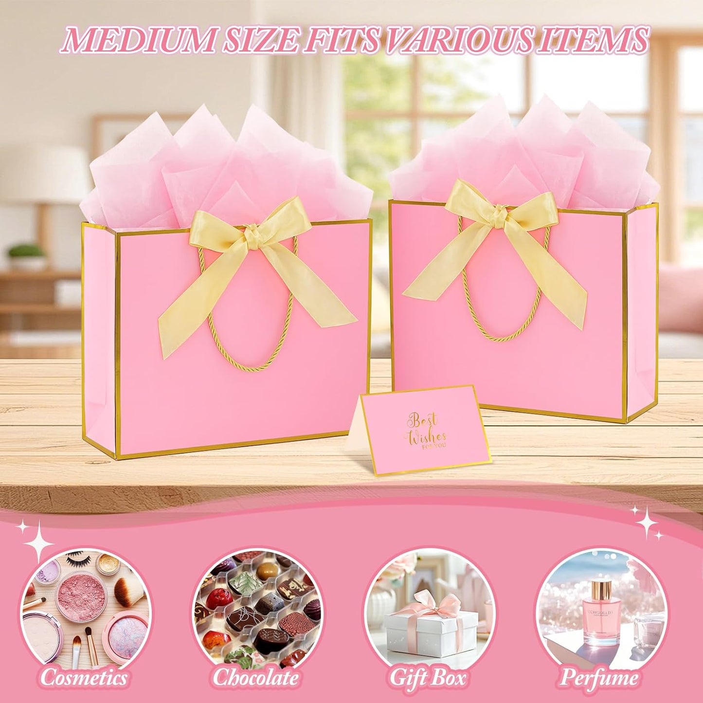 2 Pack Large Gift Bags with Handles & Tissue Papers, 12.6×10×4 Inches Thank You Gift Bags with Cards for Mother’s Day, Birthday, Baby Shower, Wedding & Bridesmaids (Pink Gift Bag, 2 PCS)