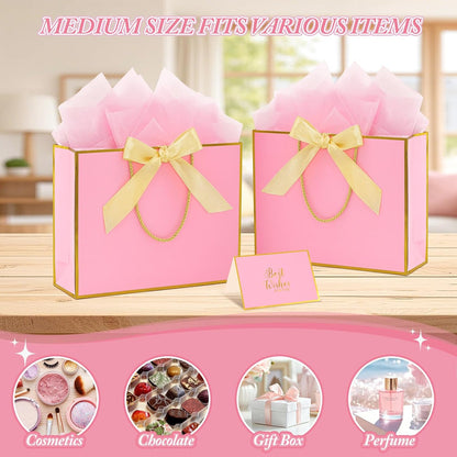2 Pack Large Gift Bags with Handles & Tissue Papers, 12.6×10×4 Inches Thank You Gift Bags with Cards for Mother’s Day, Birthday, Baby Shower, Wedding & Bridesmaids (Pink Gift Bag, 2 PCS)