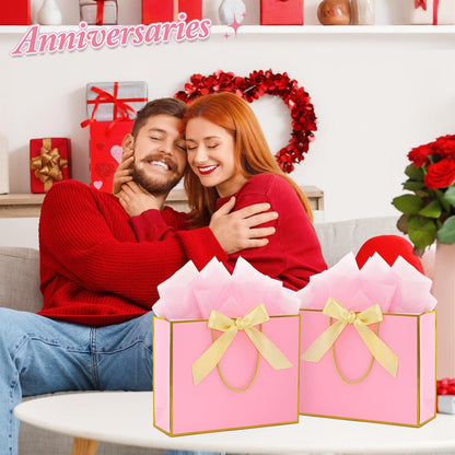 2 Pack Large Gift Bags with Handles & Tissue Papers, 12.6×10×4 Inches Thank You Gift Bags with Cards for Mother’s Day, Birthday, Baby Shower, Wedding & Bridesmaids (Pink Gift Bag, 2 PCS)