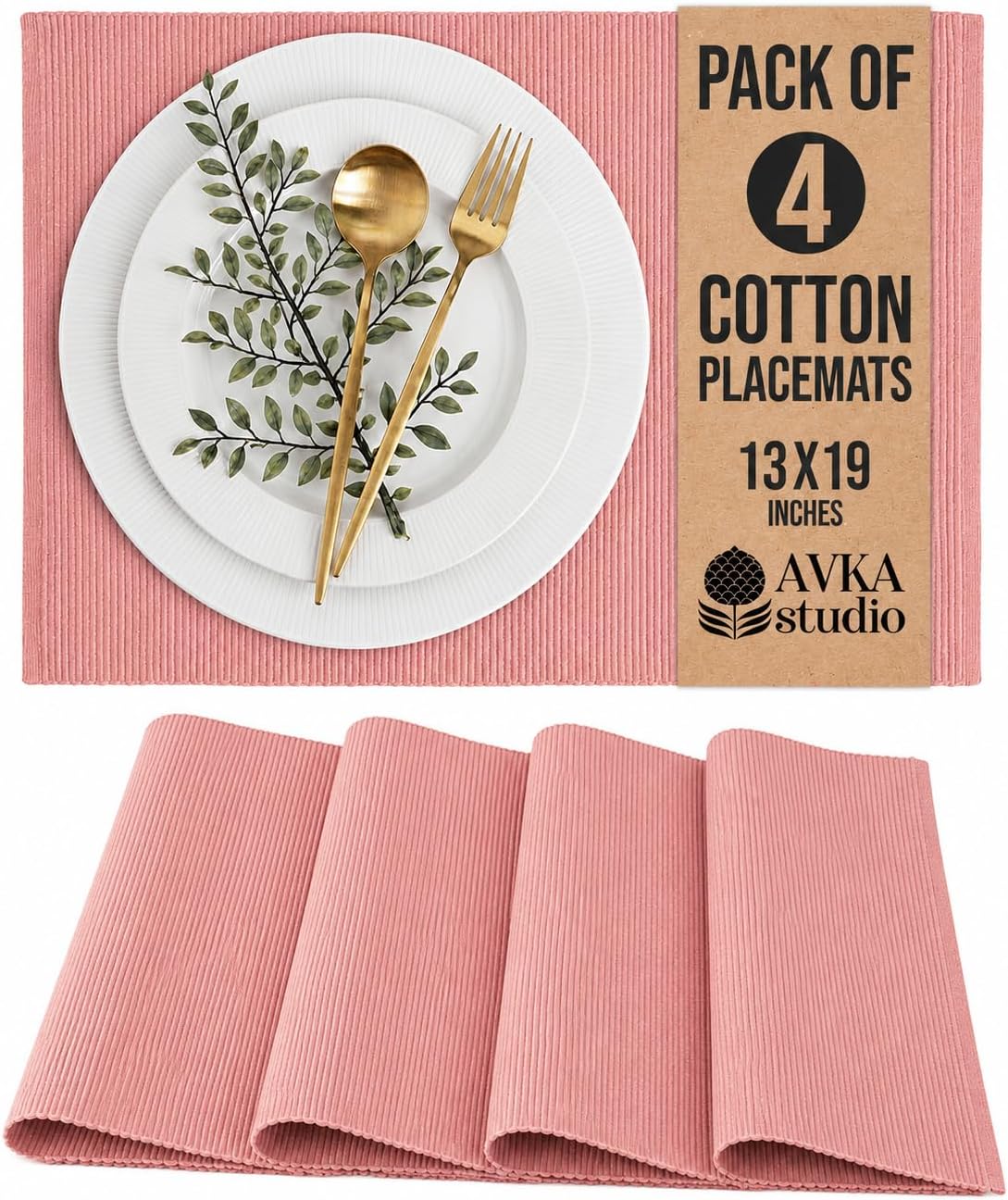 100% Cotton Ribbed Placemats - Set of 4-13 x 19 Inches - Peach - Everyday Cloth Table Mats - Thick Construction, Washable & Reusable Cloth Place Mats