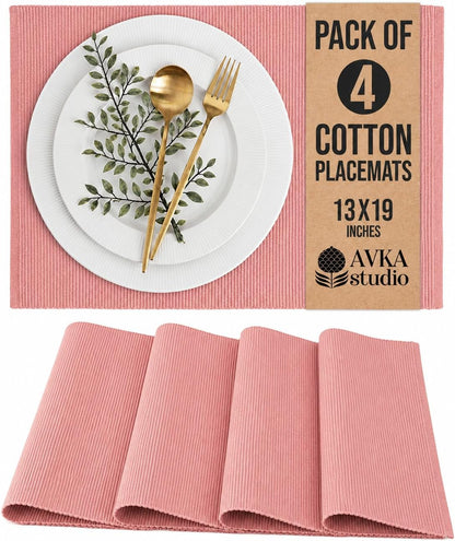 100% Cotton Ribbed Placemats - Set of 4-13 x 19 Inches - Peach - Everyday Cloth Table Mats - Thick Construction, Washable & Reusable Cloth Place Mats