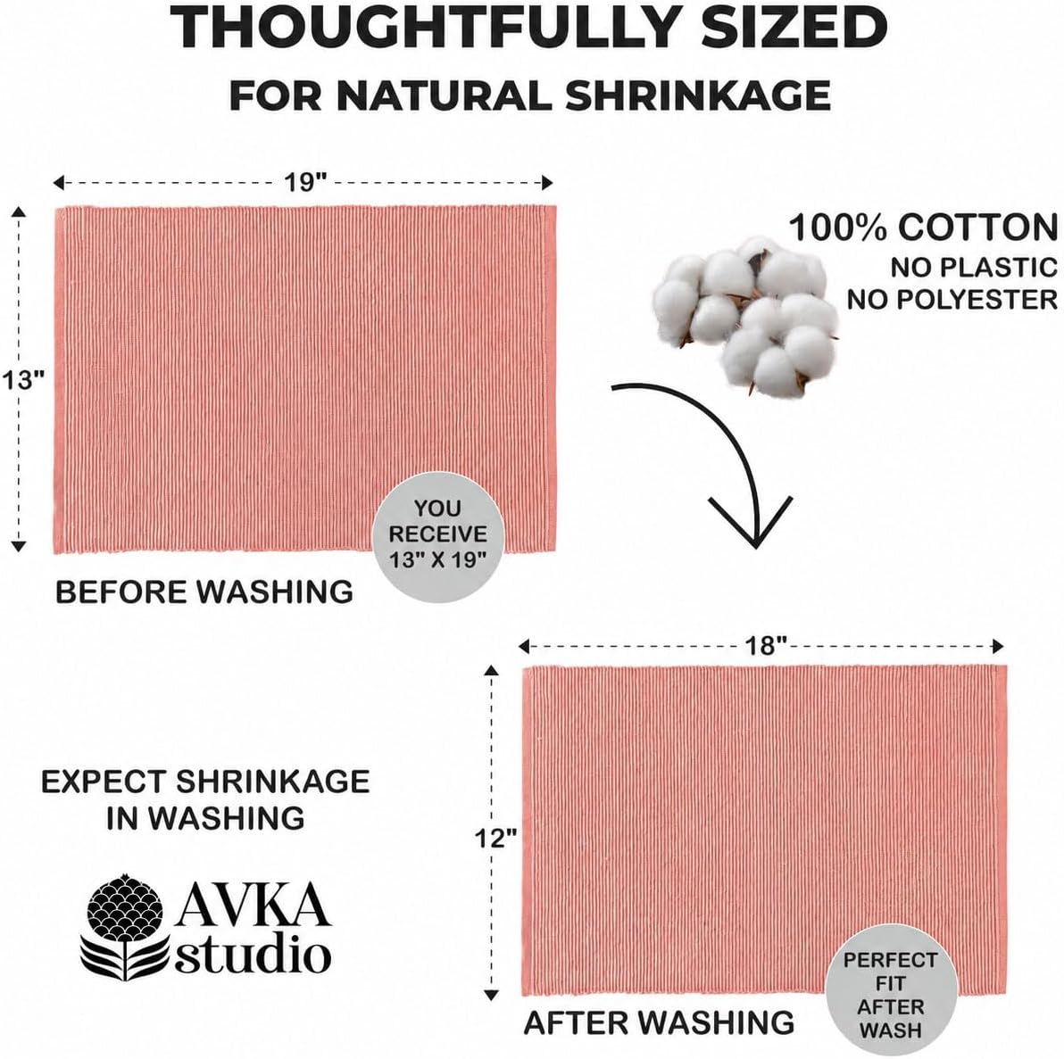 100% Cotton Ribbed Placemats - Set of 4-13 x 19 Inches - Peach - Everyday Cloth Table Mats - Thick Construction, Washable & Reusable Cloth Place Mats