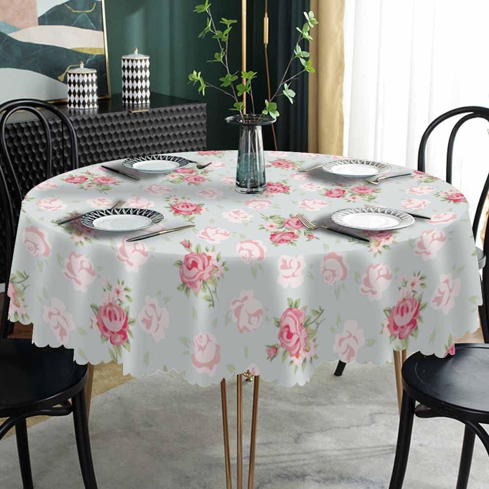 Pink Rose Table Cloth Chic Flowers Romantic Vintage Style Spring Round Tablecloth 60 Inch for Dining Room, Party, Banquet