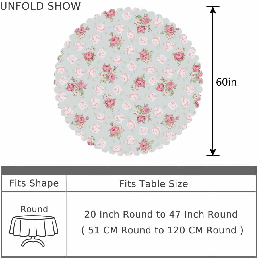 Pink Rose Table Cloth Chic Flowers Romantic Vintage Style Spring Round Tablecloth 60 Inch for Dining Room, Party, Banquet