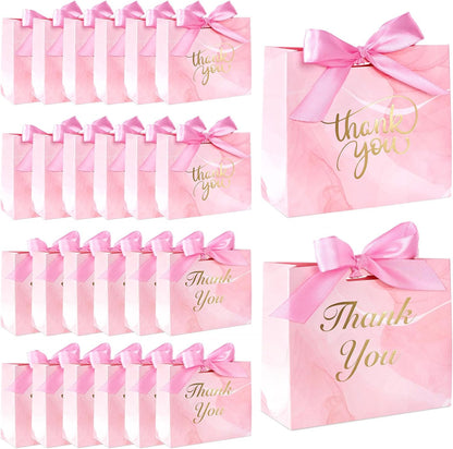 24PCS Thank You Gift Bags, 4.5x3.9x1.8Inches Mini Party Favor Bags Pink Treat Boxes with Bow Ribbon for Wedding Bridal Baby Shower Birthday Party