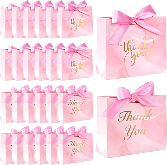 24PCS Thank You Gift Bags, 4.5x3.9x1.8Inches Mini Party Favor Bags Pink Treat Boxes with Bow Ribbon for Wedding Bridal Baby Shower Birthday Party