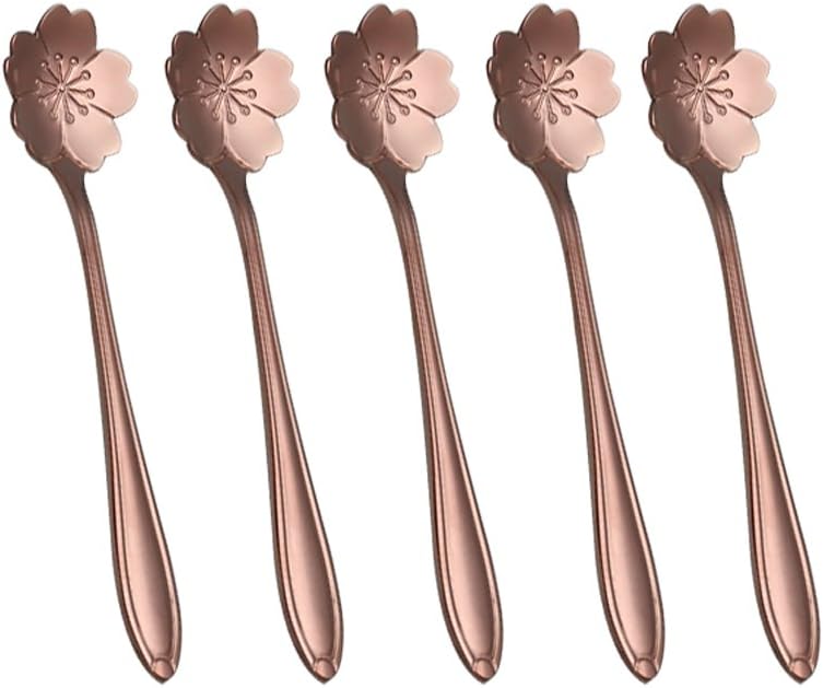 Coffee Scoops, Stainless Steel Tableware Creative Sakura Flower Pattern Coffee Spoons Stirring Spoon Sugar Spoon Teaspoon (Rose Gold)