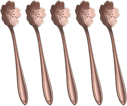 Coffee Scoops, Stainless Steel Tableware Creative Sakura Flower Pattern Coffee Spoons Stirring Spoon Sugar Spoon Teaspoon (Rose Gold)