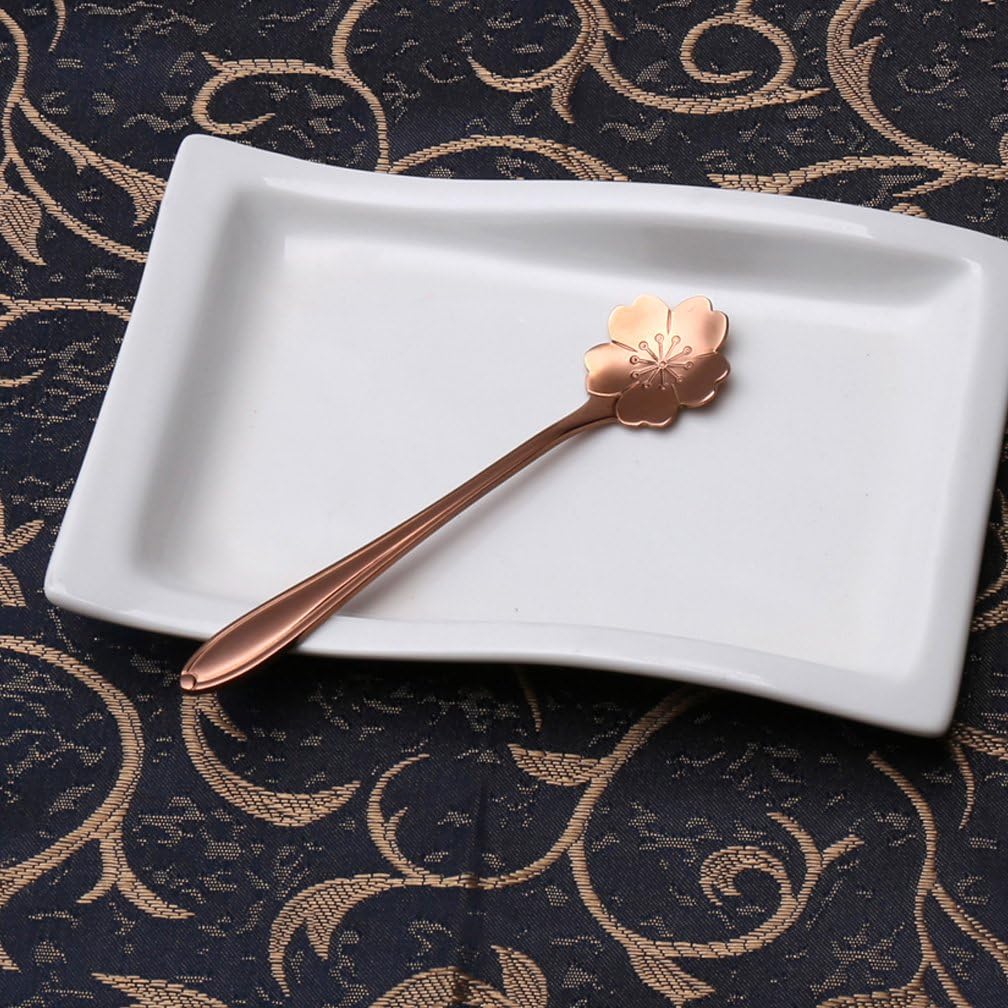 Coffee Scoops, Stainless Steel Tableware Creative Sakura Flower Pattern Coffee Spoons Stirring Spoon Sugar Spoon Teaspoon (Rose Gold)