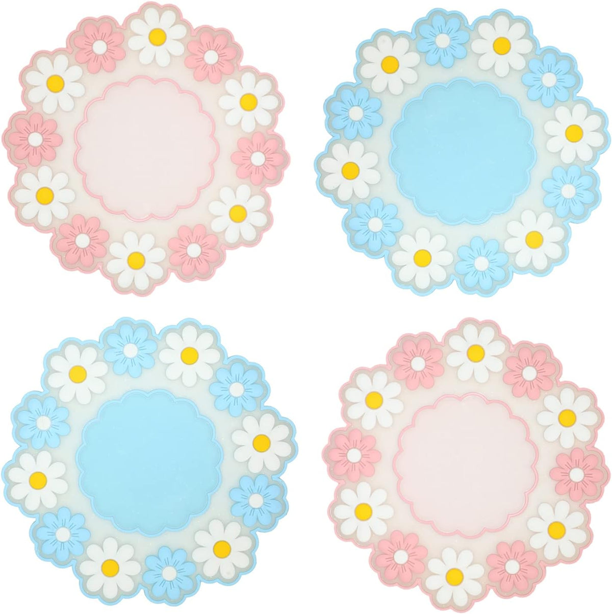 Coasters for Drinks, Cute Coaster for Coffee Table Set of 4 Non-Slip PVC Silicone Coasters for Tabletop Protection, Daisy Flower Pattern Heat Insulation Placemat (2 Pink+2 Blue)