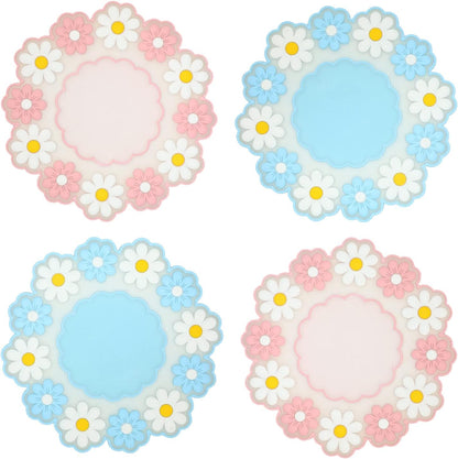 Coasters for Drinks, Cute Coaster for Coffee Table Set of 4 Non-Slip PVC Silicone Coasters for Tabletop Protection, Daisy Flower Pattern Heat Insulation Placemat (2 Pink+2 Blue)