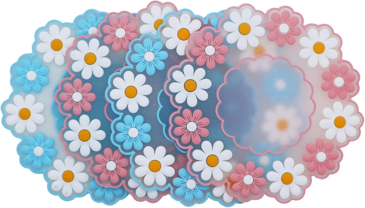 Coasters for Drinks, Cute Coaster for Coffee Table Set of 4 Non-Slip PVC Silicone Coasters for Tabletop Protection, Daisy Flower Pattern Heat Insulation Placemat (2 Pink+2 Blue)